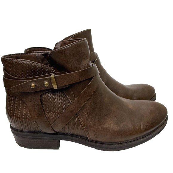 Baretraps Yadda Booties 8 Brown Ankle Boots Faux Leather Straps Low Heel Texture - Picture 1 of 9